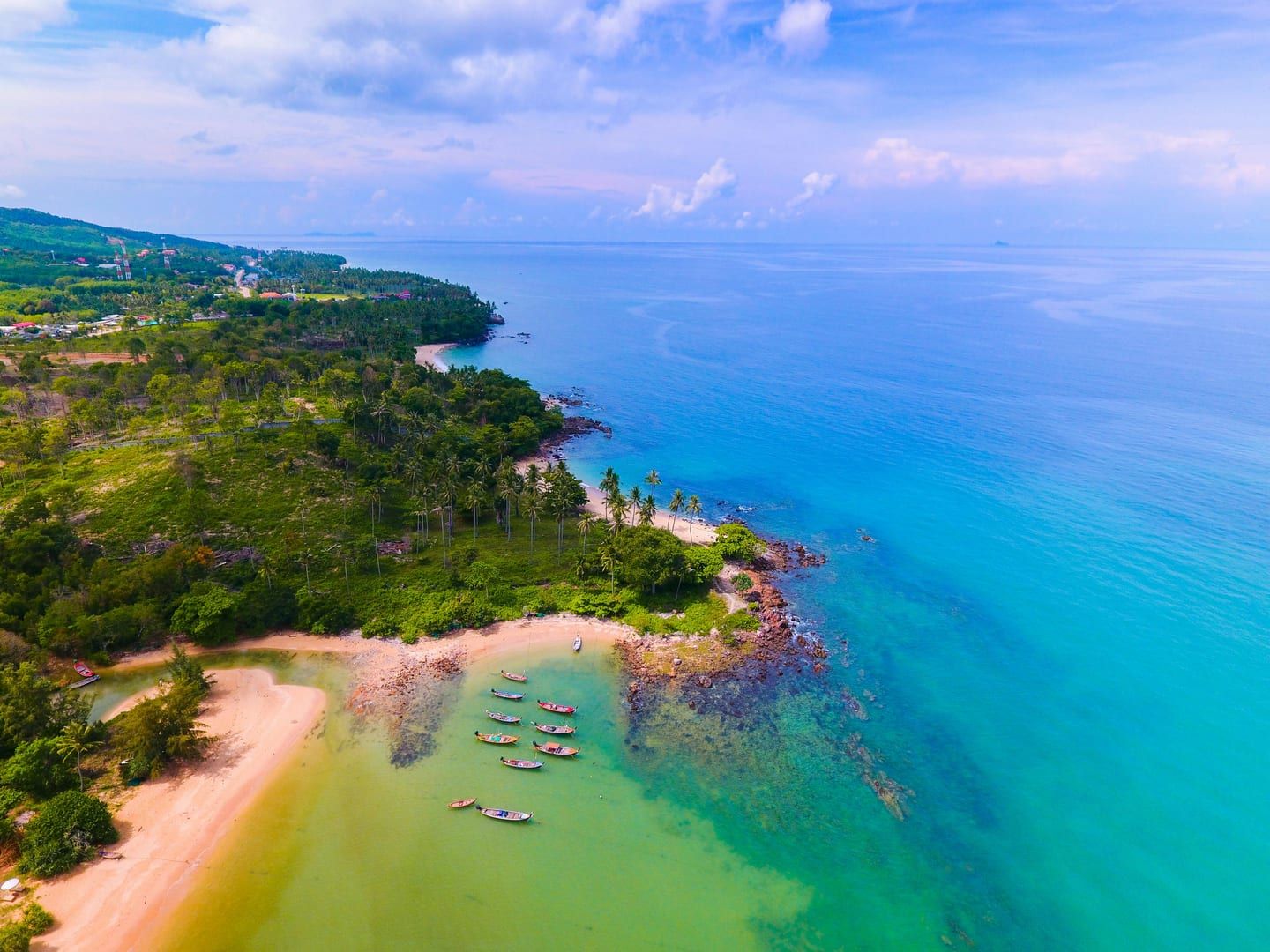 Aerial view of Bophut Beach and Koh Samui north coast tropical island