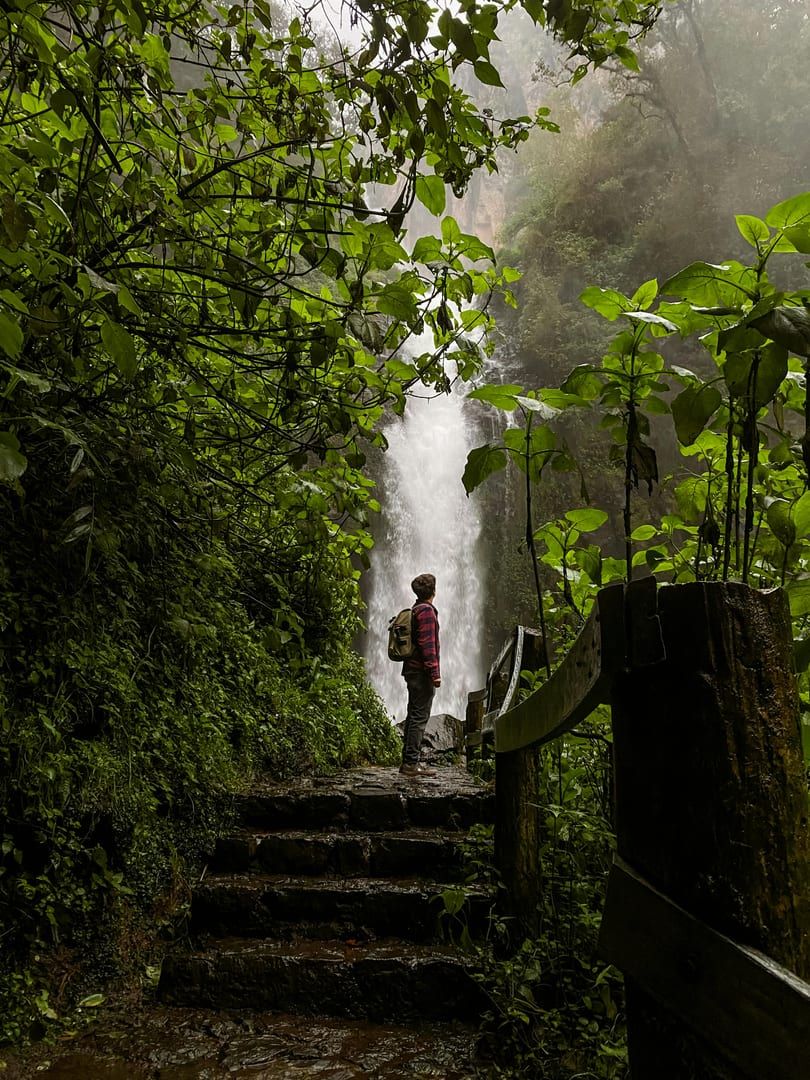 Hiking trail through tropical forest to waterfall swimming Samui