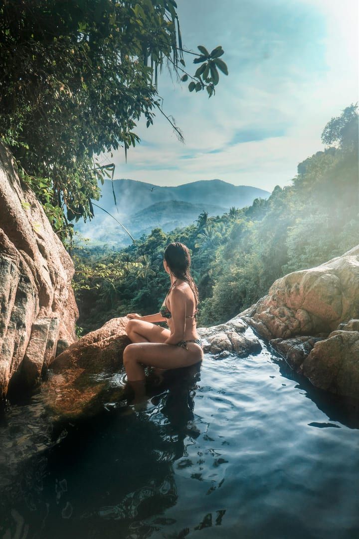Wide view of Sivatara Waterfall cascades in Lamai
